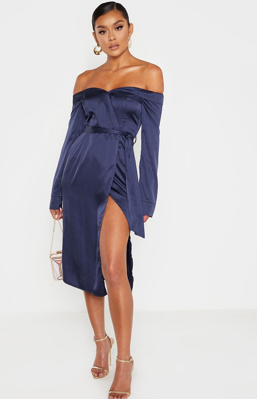 Navy Satin Wrap Midi Dress Navy Wrap Midi Dress By Pretty Little